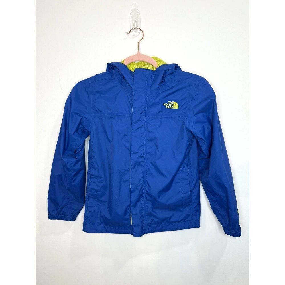 The North Face Rain Jacket Hooded HyVent Boys Small 7/8 Blue Yellow Zip Up Lined